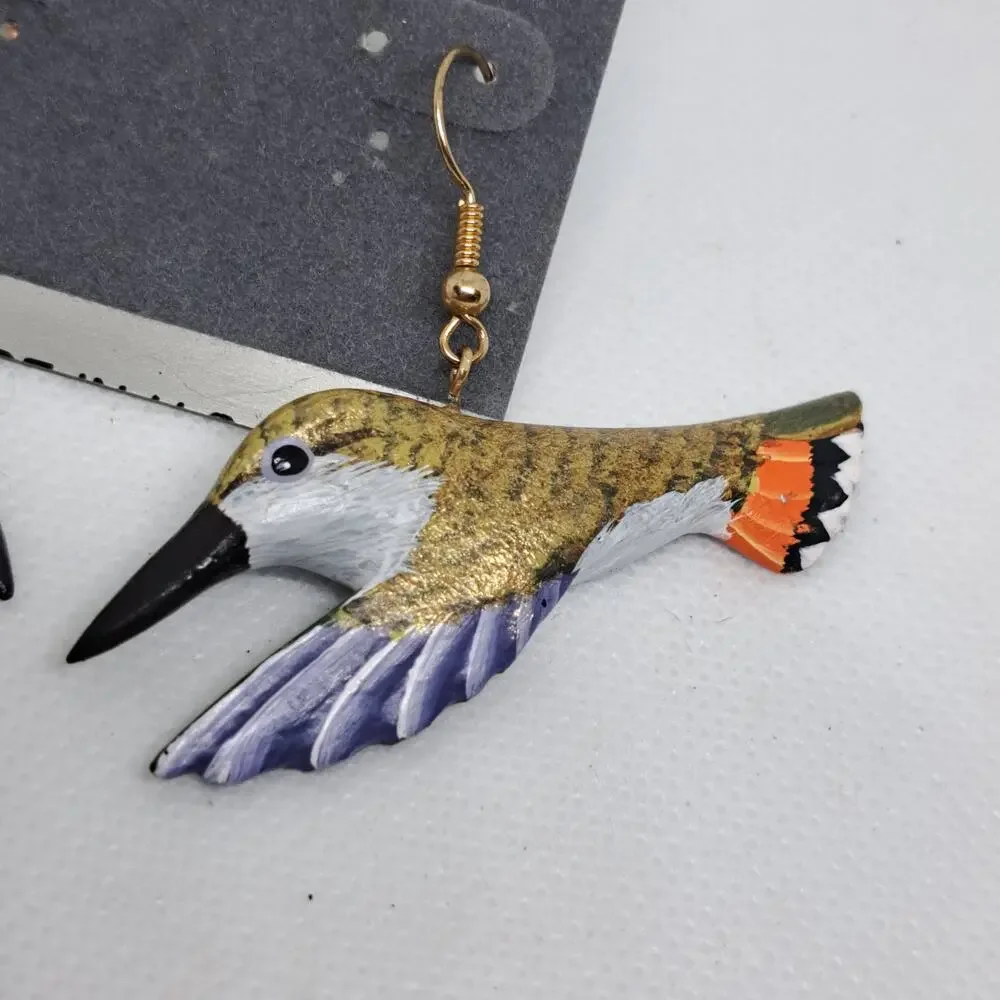 80's Handmade Handpainted Flying Hummingbird Dangle pierced earrings - Picture 2 of 8
